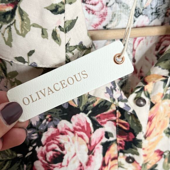 Olivaceous Womens Linen Blend Short Sleeve Mini Shirtdress Medium Cream Floral - Picture 6 of 10